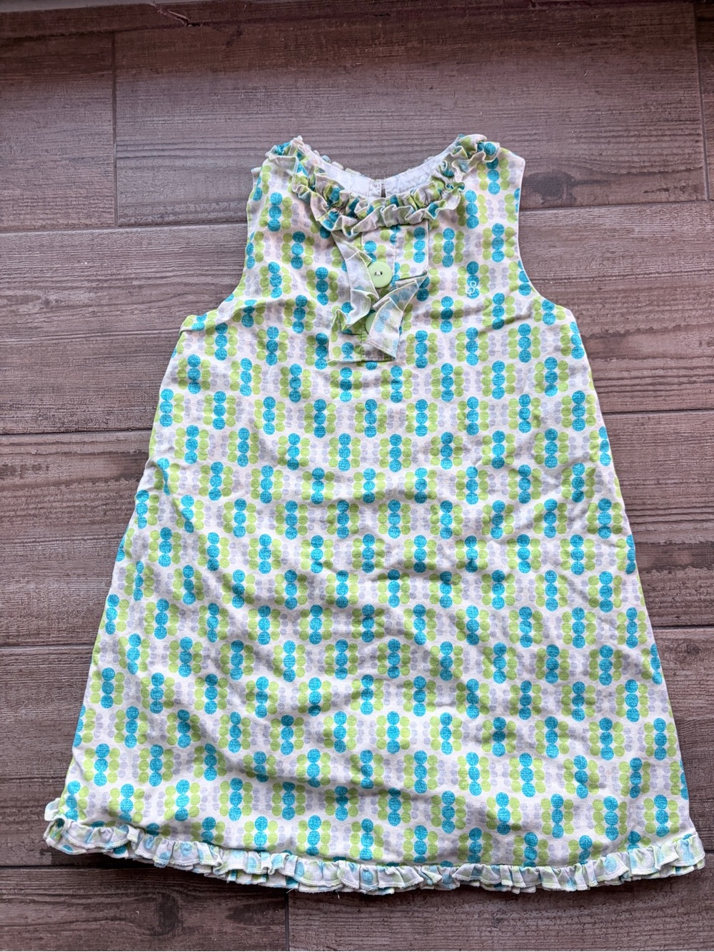Hannah Kate Girls Sleeveless Ruffle Dress in Aqua and Lime Dot Print